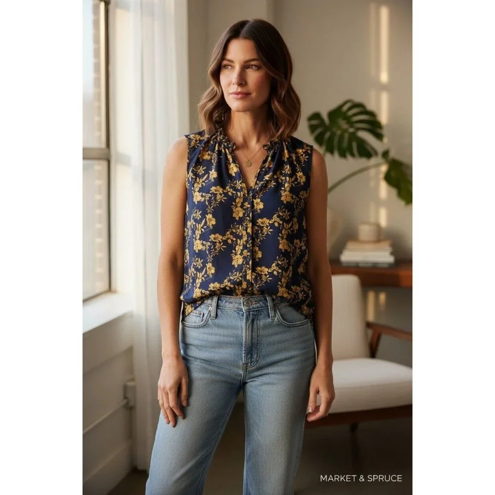 Market & Spruce Floral Sleeveless Ruffle Blouse Navy & Yellow Womens Large - Picture 13 of 14